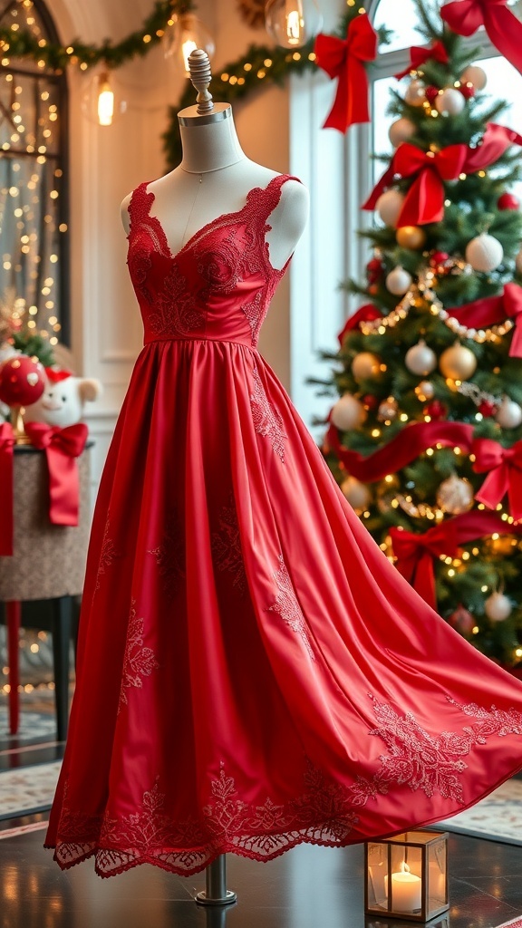 A luxurious red silk Christmas dress with lace detailing displayed against a festive backdrop.